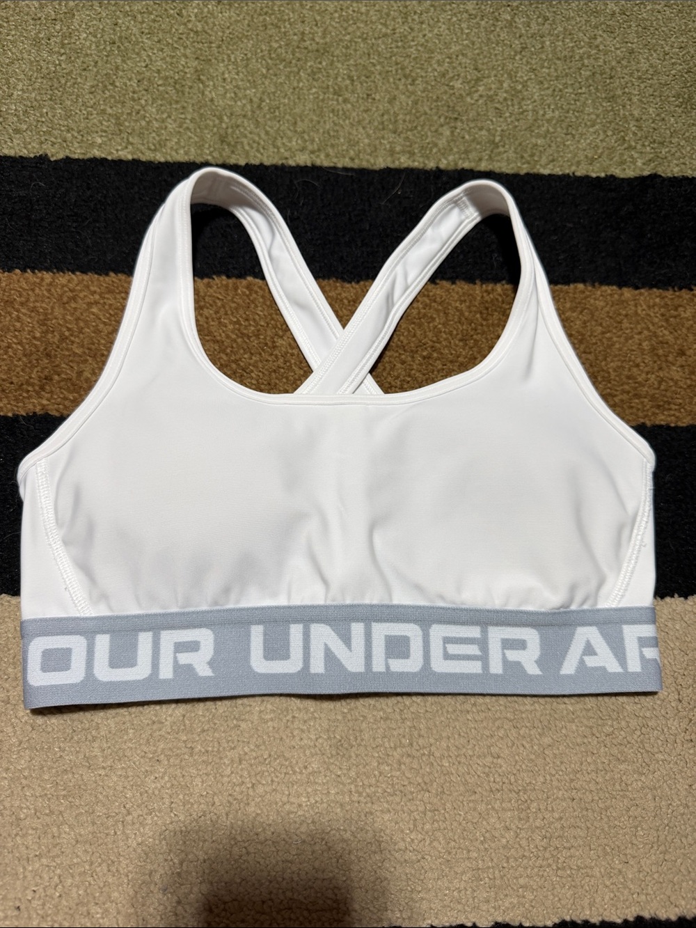 Under Armour White Cross-Back Sports Bra with Light Gray Logo Band